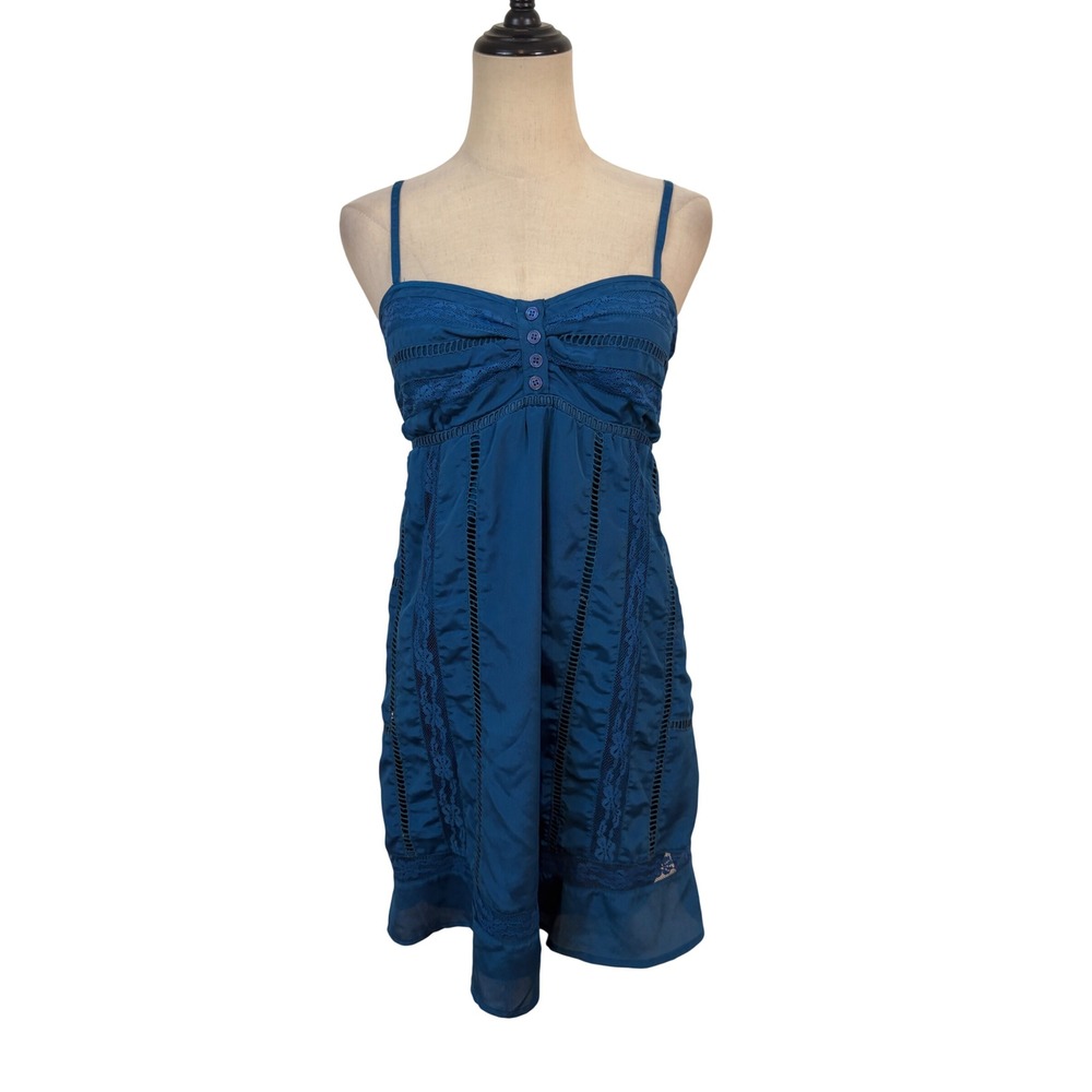 y2k babydoll Mini Dress sz‎ s/m  Blue Lace Crochet Detail Boho delicate coquette